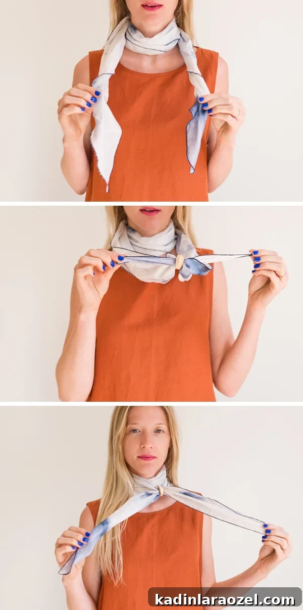 How to style 'the double wrap necktie'. Click through for all six ways to style a silk scarf, with step by step photos for recreating each look at home. #scarfstyling #howtostylescarf #silkscarf #fashiondiy #fashionstyling