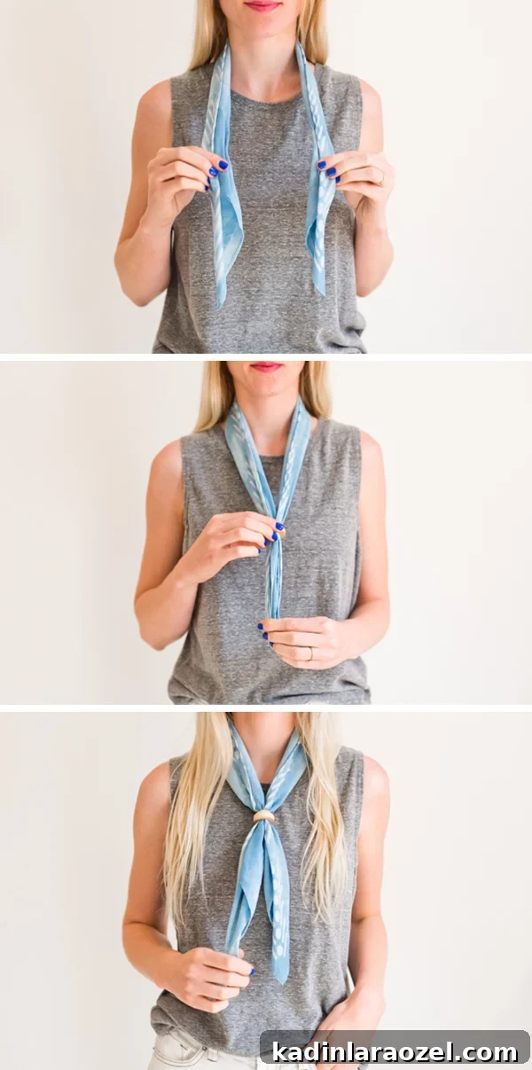 How to style the bolo tie. Click through for all six ways to style a silk scarf, with step by step photos for recreating each look at home. #scarfstyling #howtostylescarf #silkscarf #fashiondiy #fashionstyling