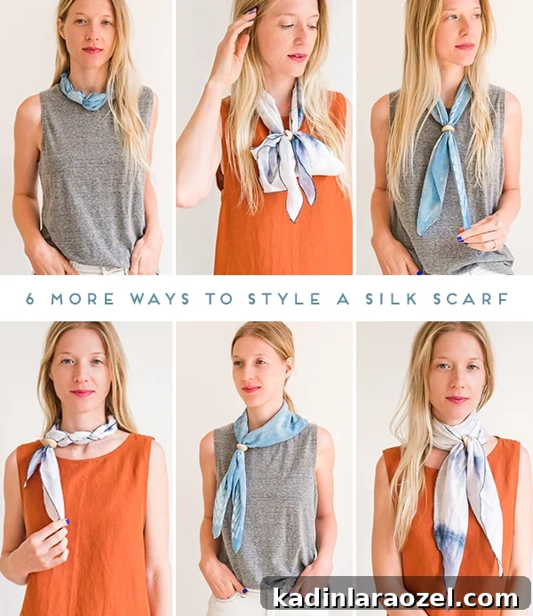 6 More (DIY) Ways to Style a Silk Scarf. Click through for all six ideas, with step by step photos for recreating each look at home. #scarfstyling #howtostylescarf #silkscarf #fashiondiy #fashionstyling