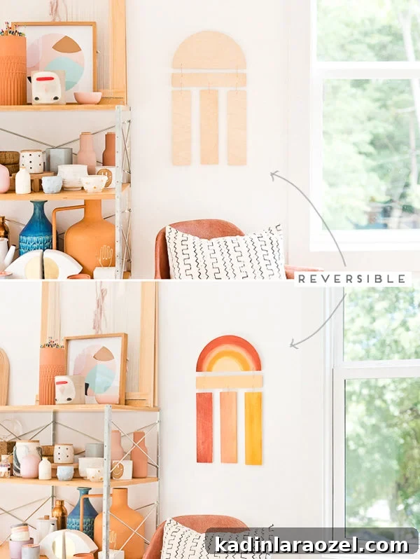 Side by side of reversible piece of wall art, hanging in a light-filled craft room