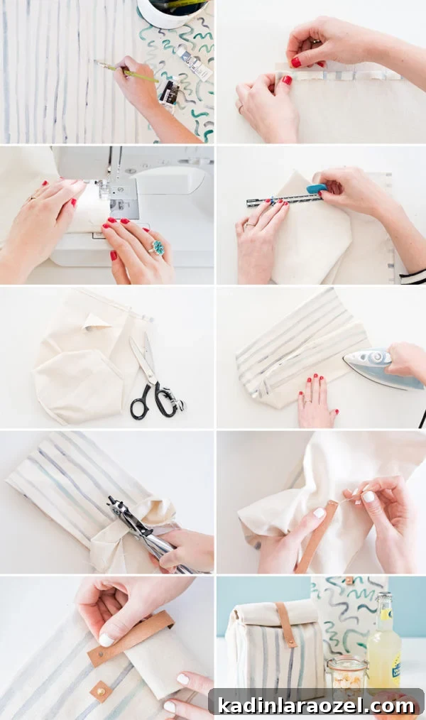 Instructions for making a canvas lunch bag from scratch - cutting, sewing, and embellishing
