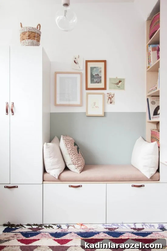 White Ikea cabinets with window seat and open shelving in a muted color kid's space