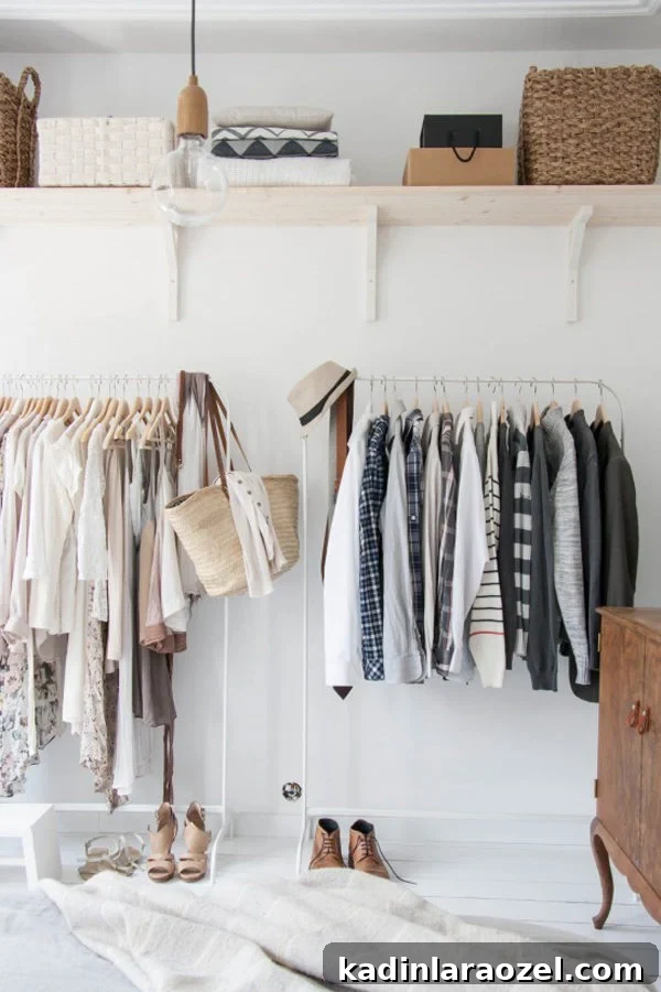 All white closet with clothing racks and open shelf storage