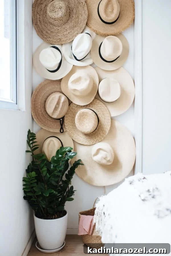 Wall of stars hats with a plant in front of it, in a small bedroom with white walls