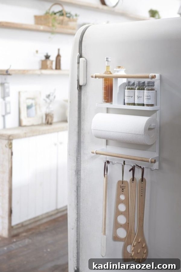 Magnetic refrigerator organizer with kitchen utensils hanging off of it