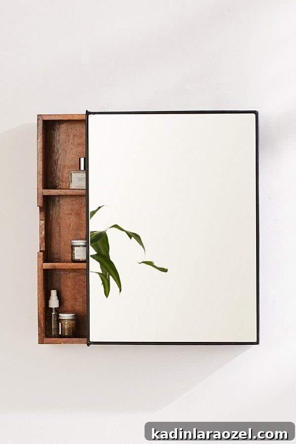 Modern, minimal vanity mirror with hidden storage inside