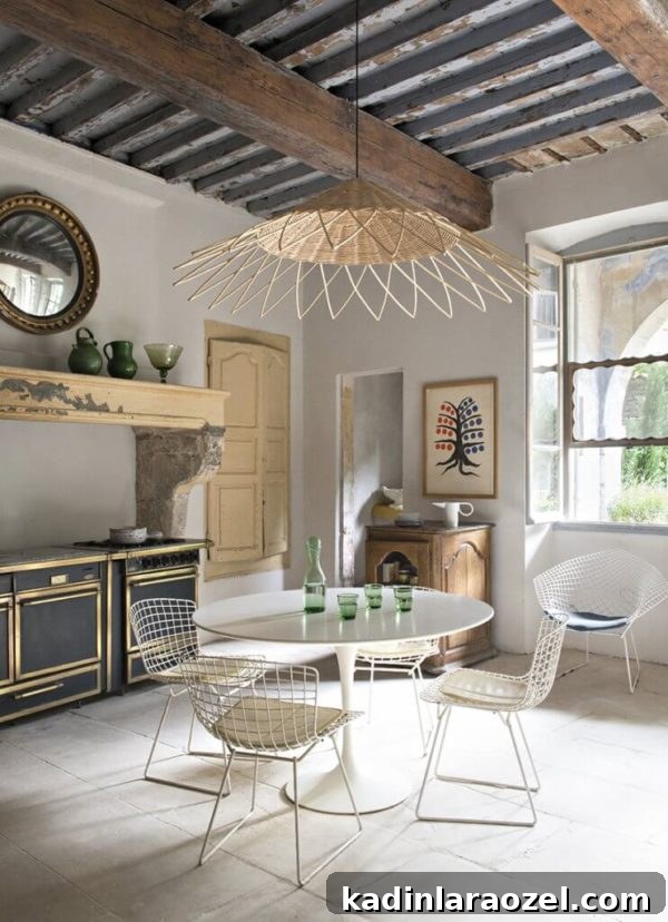 Cottage meets modern kitchen with wicker pendant light