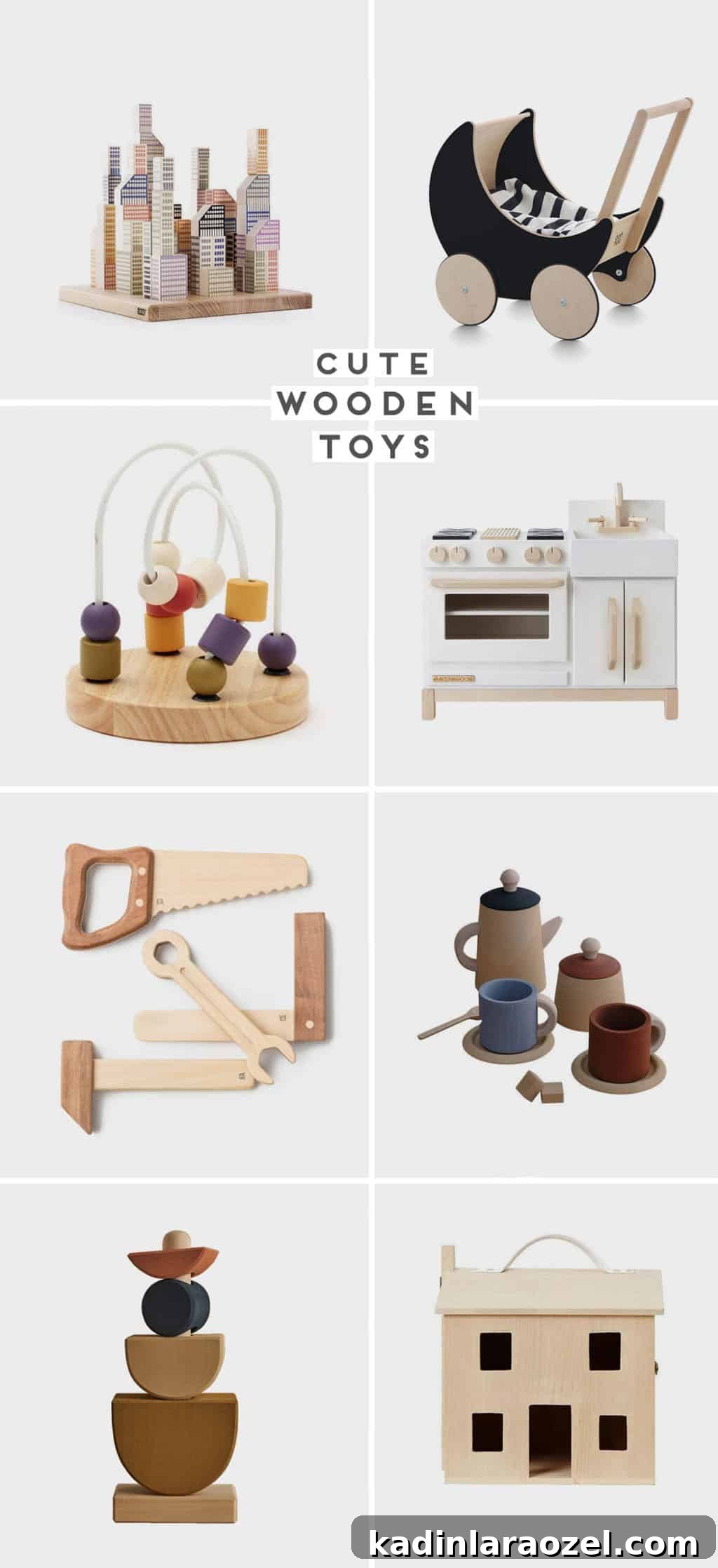 An image of wooden toys for every age range, featuring a dollhouse, tea set, baby stroller, and more.
