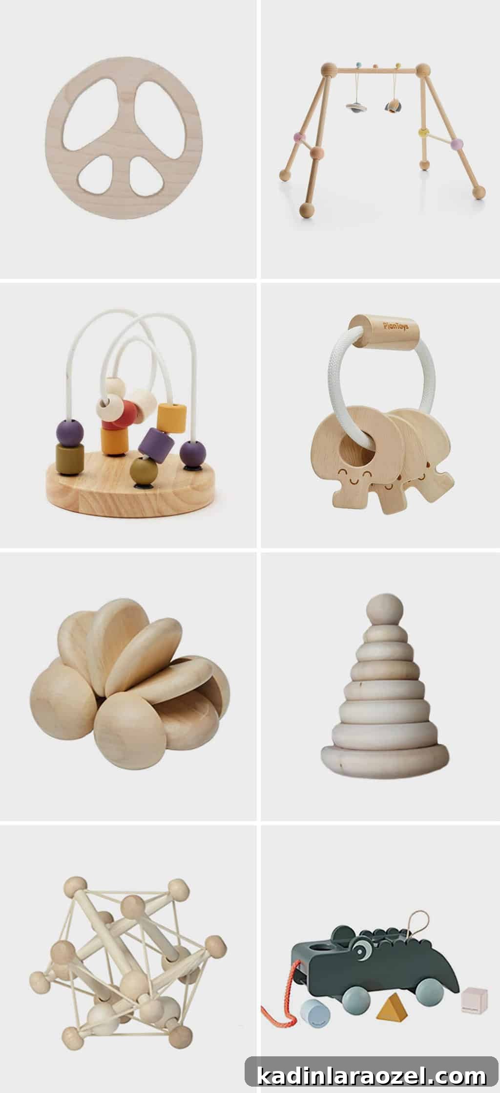 Image of various wooden toys for babies, featuring a peace sign teether, wooden play gym, wooden keys, and more.
