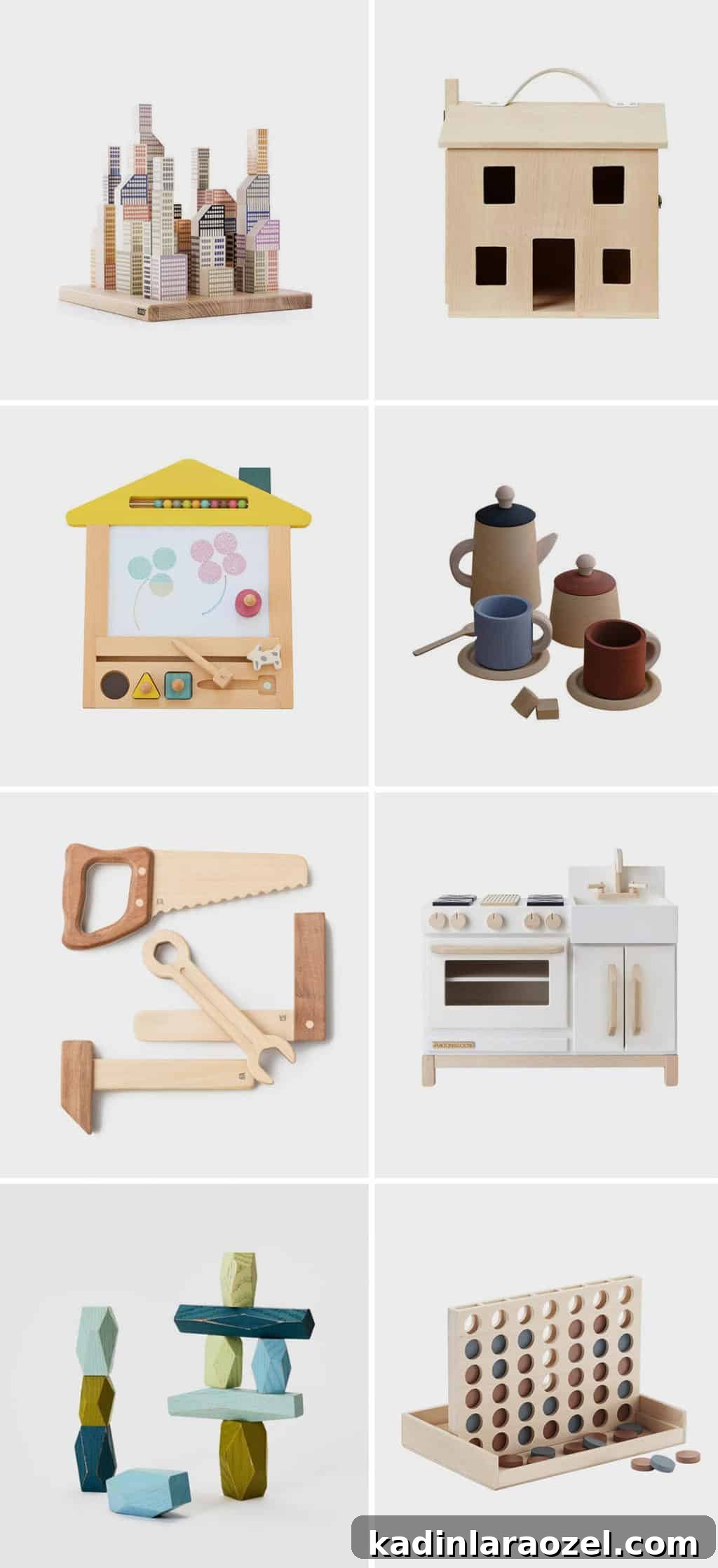 Image of various wooden toys for kids, featuring blocks, a dollhouse, a play kitchen, wood stacking blocks, and more.