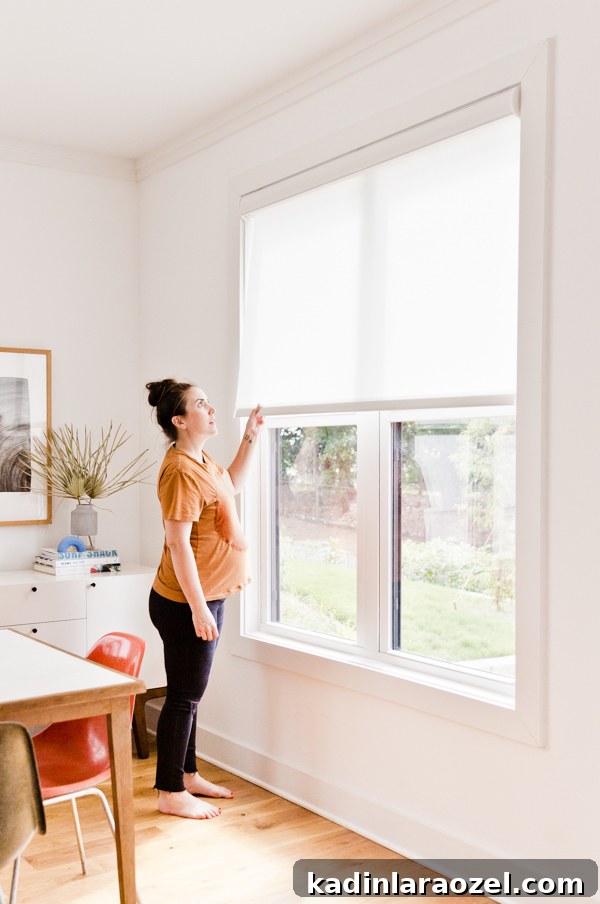 An organic modern dining room makeover and light filtering blinds.