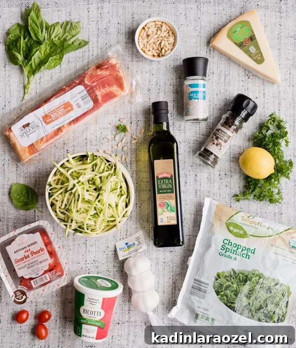 Ingredients for a zucchini noodle salad that taste fresh AND oh so creamy. 