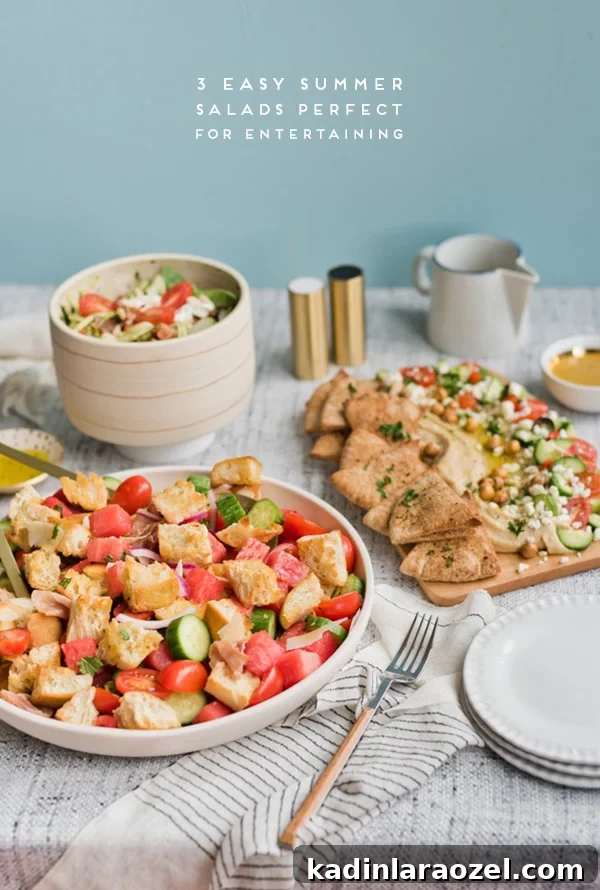 summer salads on table with blue backdrop 