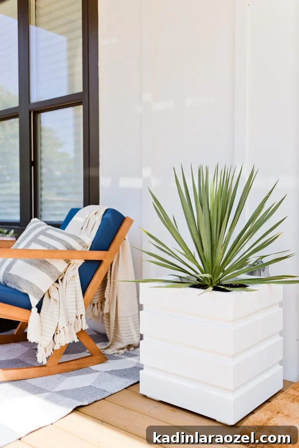 A modern planter and desert plant can go a long way for a front entrance. Click through for the front porch makeover of Brittni Mehlhoff of Paper and Stitch. #frontporchreveal #outdoorreveal #outdoormakeover #frontporchmakeover #beforeafterhome #porchmakeover
