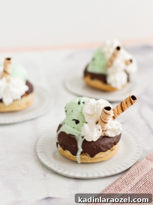 3 Refreshing Ice Cream Recipes for Summer Desserts 10 Mint chocolate chip donut sundaes. #dessert #dessertrecipes #easydesserts #icecream #mintchocolatechip #donuts #icecreamsundaes