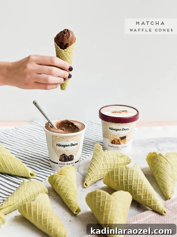 3 Refreshing Ice Cream Recipes for Summer Desserts 2 Homemade matcha ice cream cones! Click through for the recipe for this subtle and unexpected waffle cone flavor for ice creams. #icescream #dessert #icecreamlovers #matcha #icecreamcone