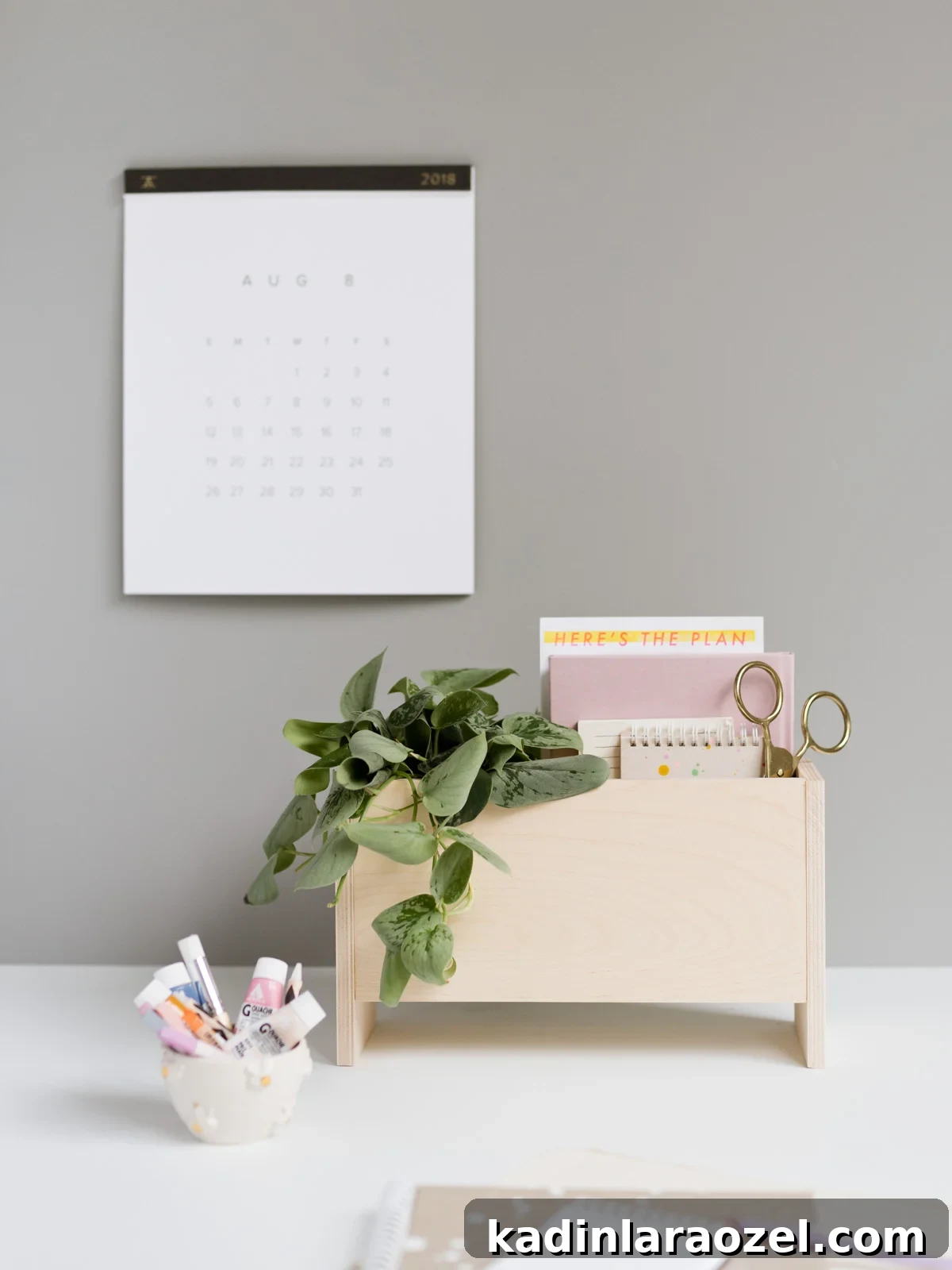 DIY Wooden Desk Organizer: Step-by-Step Build Guide 5 minimal wood planter / desk organizer with notebooks and scissors