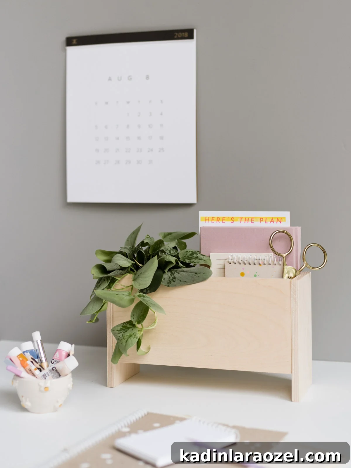 DIY Wooden Desk Organizer: Step-by-Step Build Guide 7 minimal modern desk space with wood organizer and calendar on the wall