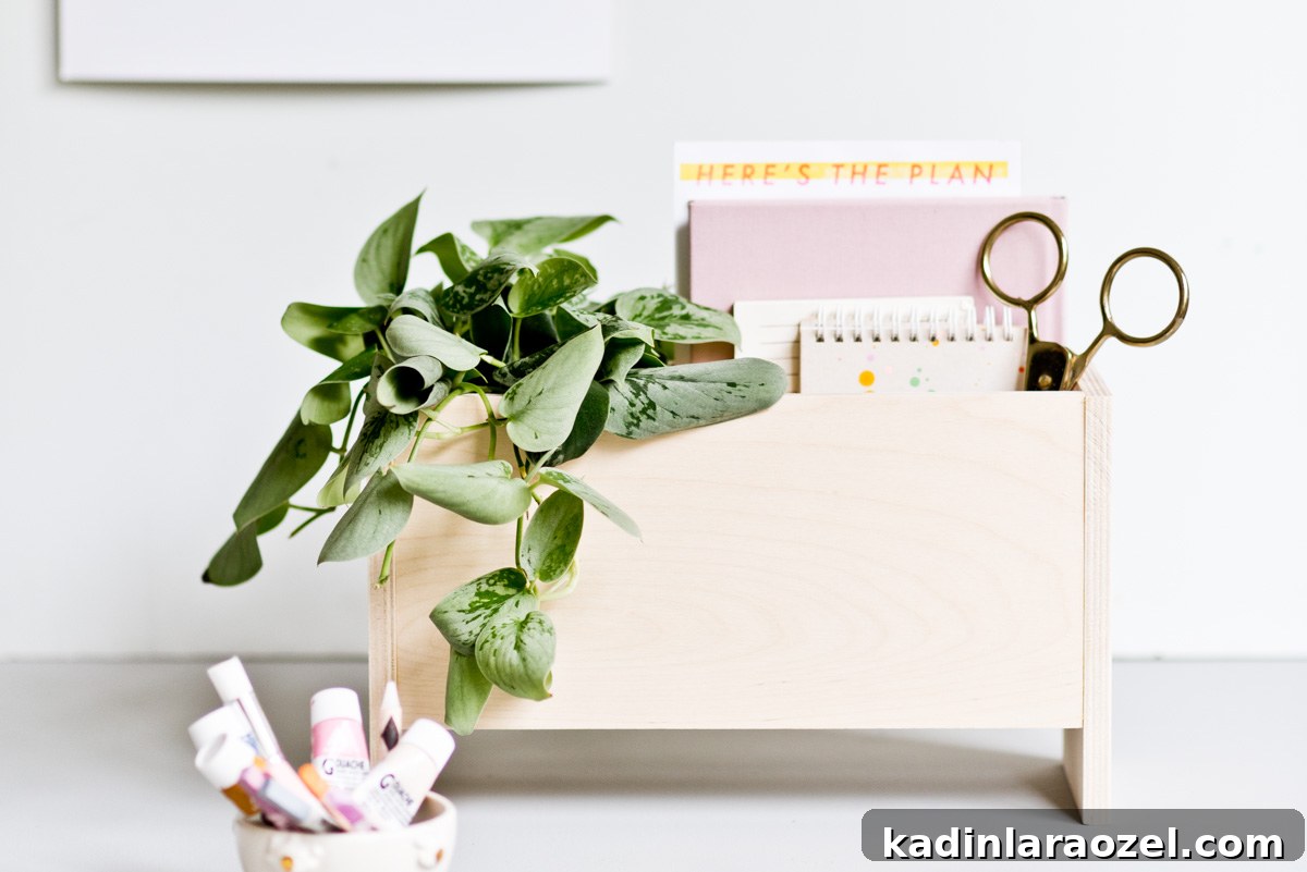 DIY Wooden Desk Organizer: Step-by-Step Build Guide 8 closeup of wood desk organizer with plant and notebooks inside