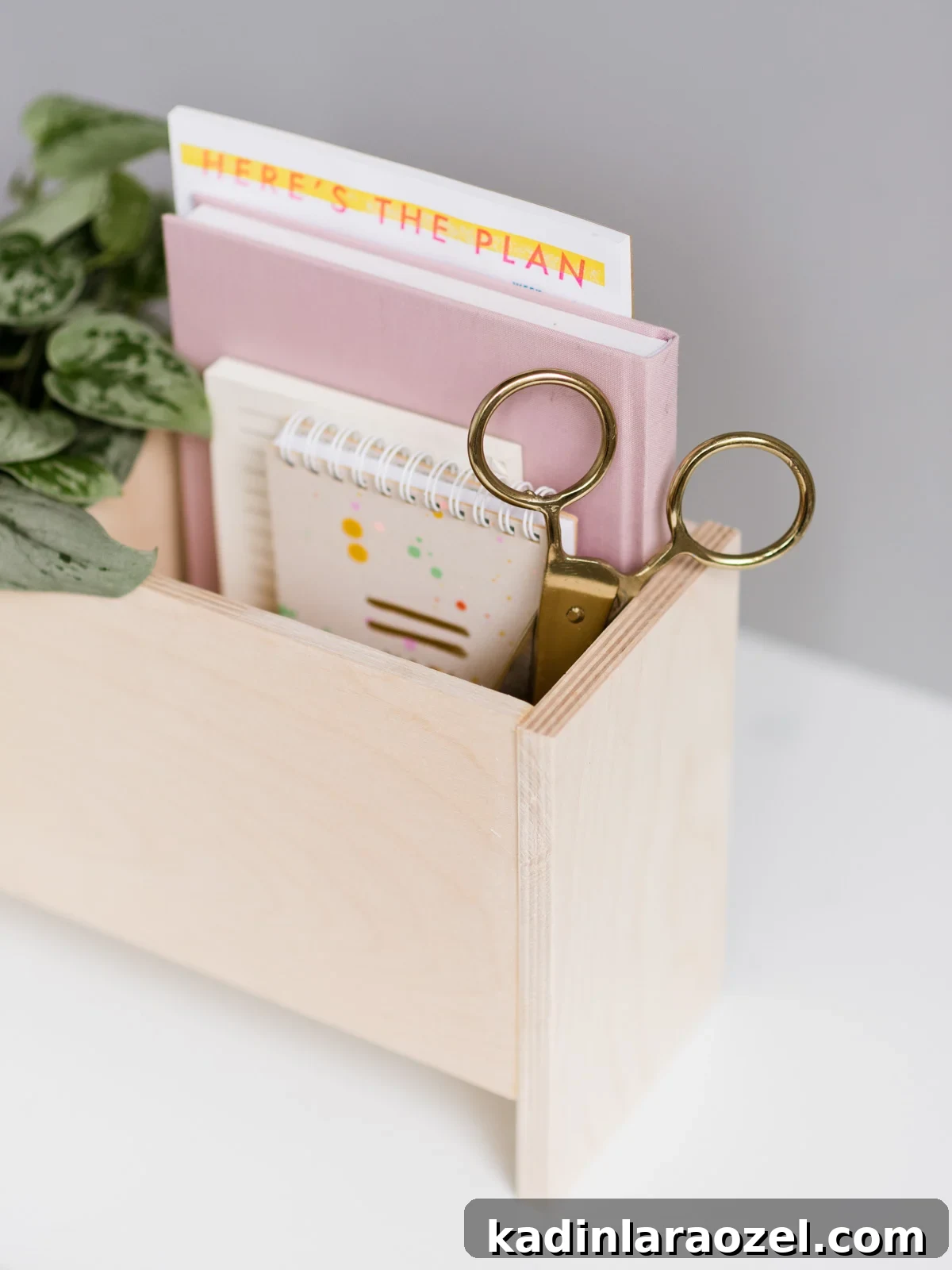 DIY Wooden Desk Organizer: Step-by-Step Build Guide 9 closeup angled view of desk caddy with gold scissors and cute artsy notebooks