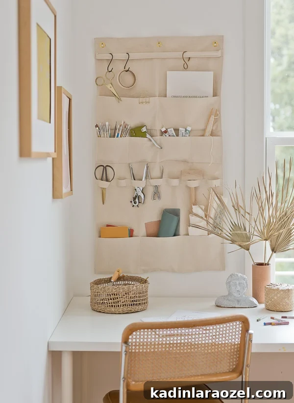 hanging wall organizer with art supplies in a minimal modern home office
