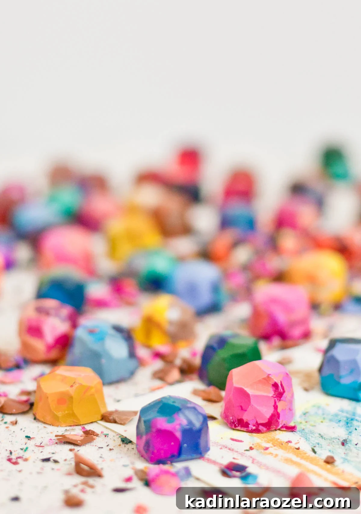 colorful crayons in rainbow colors with crayon shaving laying on desk