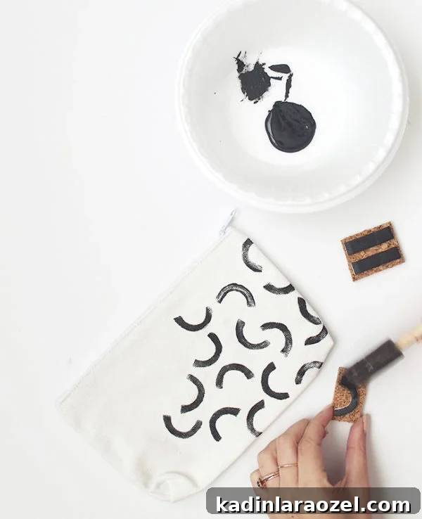 Hand stamped pencil pouch idea in black and white, minimal design