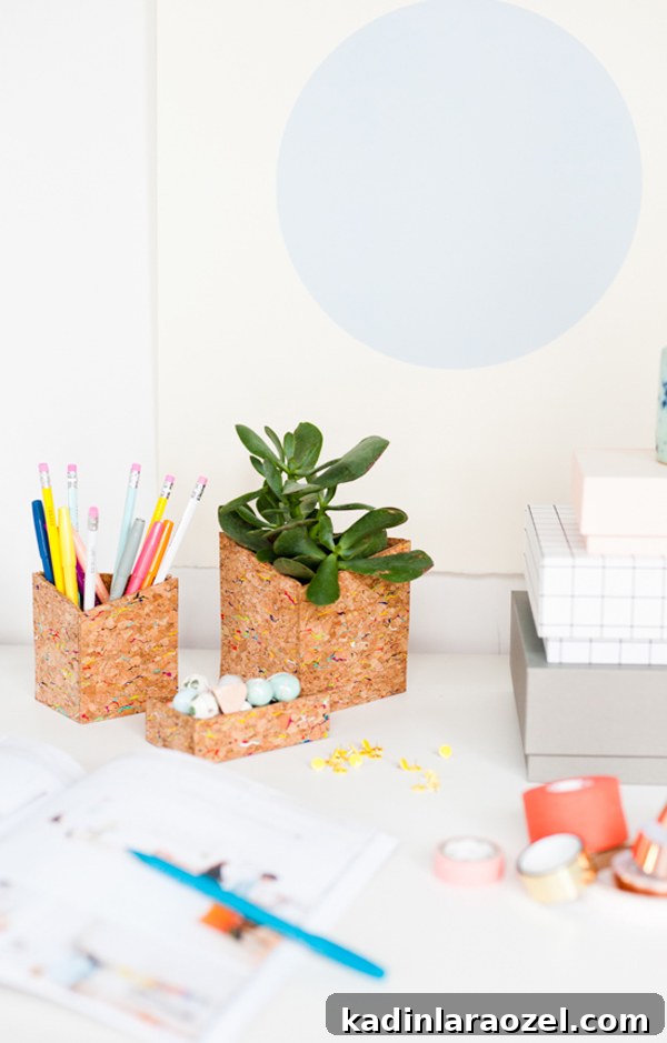 Cork DIY desk organizers for back to school. Click through for all 24 unique back to school ideas. #backtoschool #backtoschooldiy #diy #diyideas #backtoschoolideas