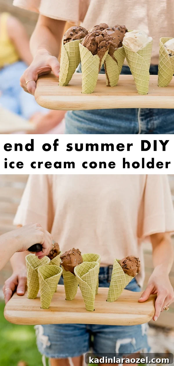 Quick DIY: an ice cream cone holder made from a kitchen board.