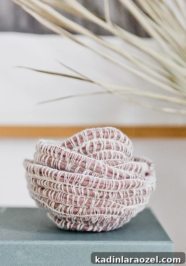A unique take on DIY rope bowls. You can make 2-3 of these rope bowls for just a couple of bucks (in less than 10 minutes). They're so easy to make! #sewingdiy #easysewingproject #diy #diydecor #homedecor #organicmodern