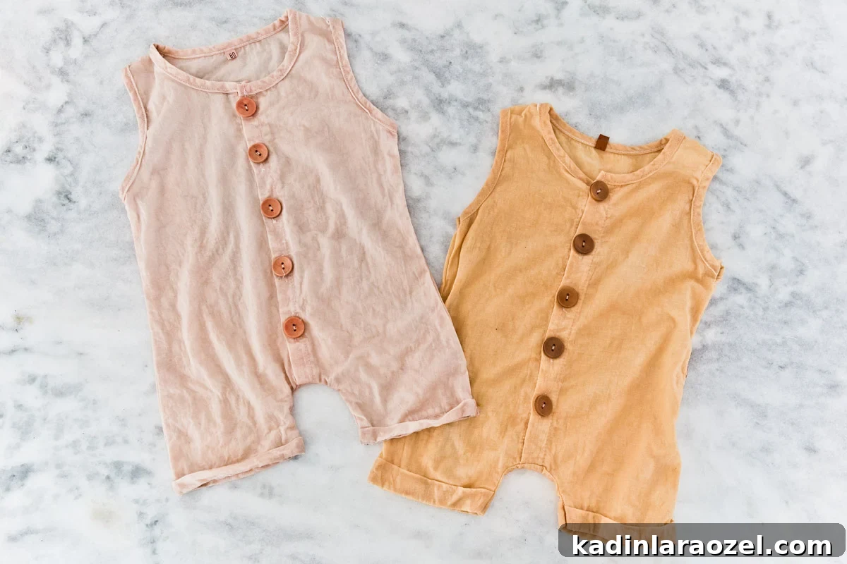 Natural Fabric Dyeing: How to Dye Clothes with Plant-Based Colors 3 Baby jumpers in neutral, muted colors, on a marble countertop