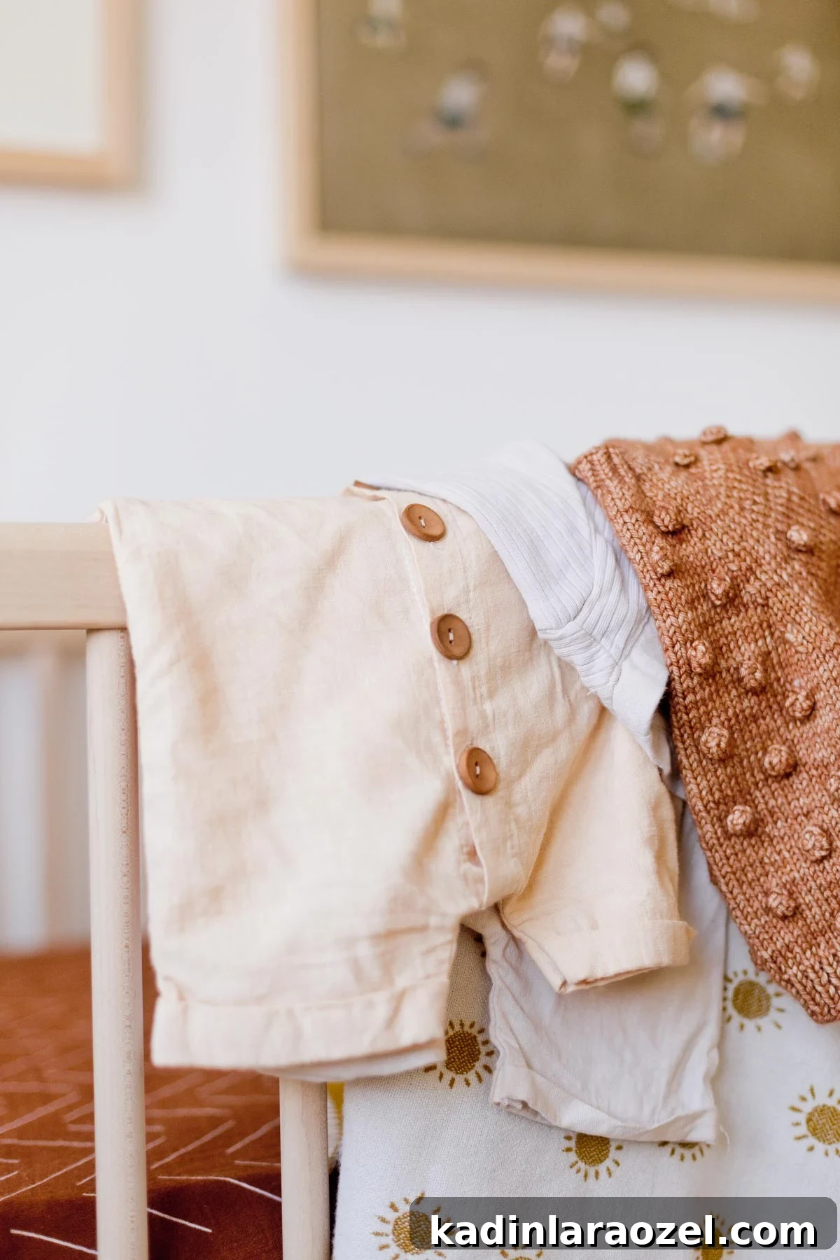 Natural Fabric Dyeing: How to Dye Clothes with Plant-Based Colors 8 Neutral baby clothes laying over modern baby crib