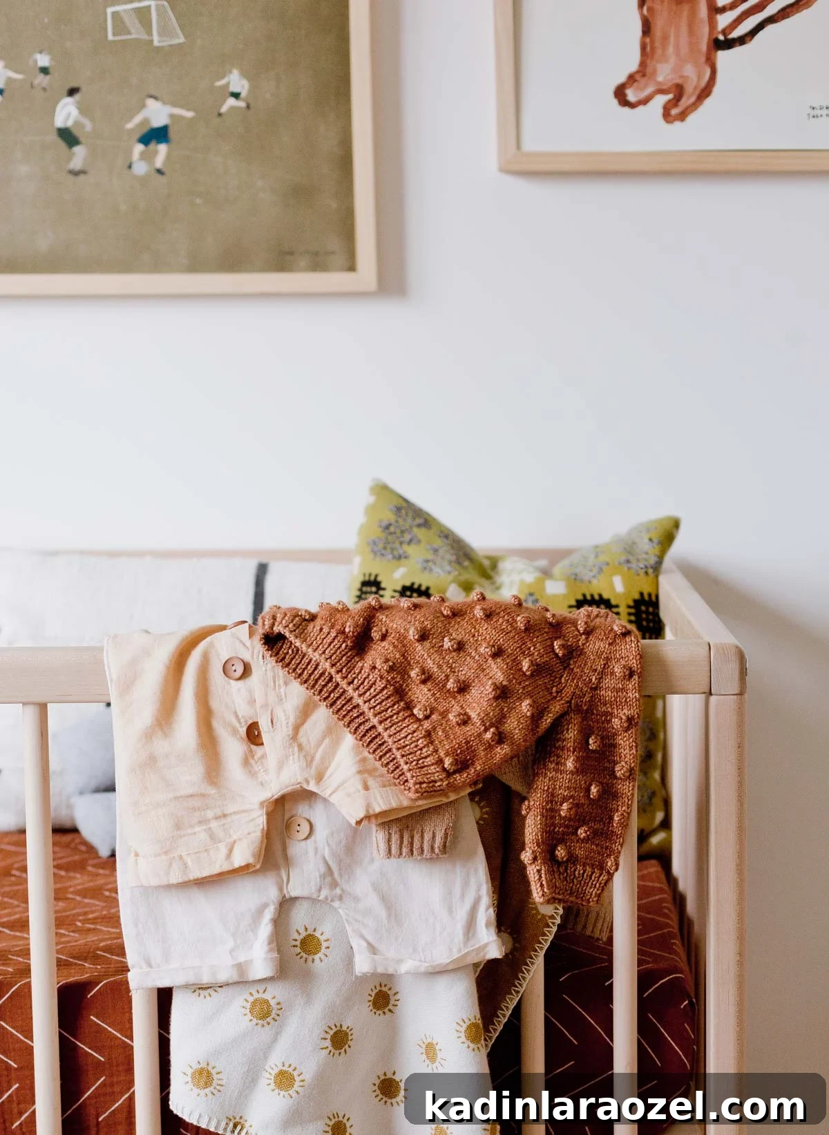Natural Fabric Dyeing: How to Dye Clothes with Plant-Based Colors 10 Neutral baby clothes hanging over a minimal wooden crib in a kids room