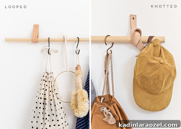 Closeup of dowel rod and leather wall organizer, showing different ways to attach to the wall