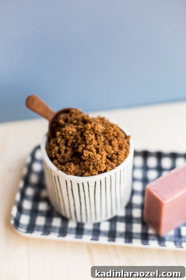 brown sugar scrub for fall and winter, overflowing from a simple modern container
