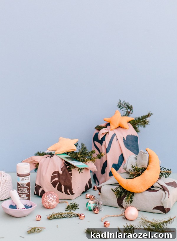 DIY Holiday Fabric Gift Wrap: Stylish Eco-Friendly Ideas 3 DIY fabric gift wrap for the holidays that you can customize for the giftee. #diyholiday #diy #diygiftwrap #giftwrap #stencils