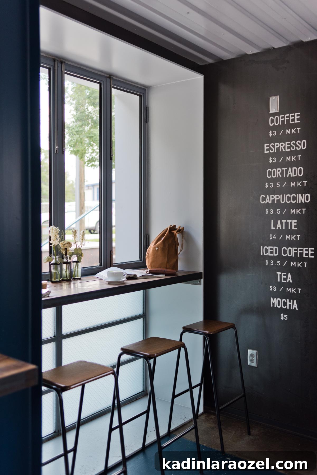 inside Atlanta coffee shop with black walls and wood, moody decor