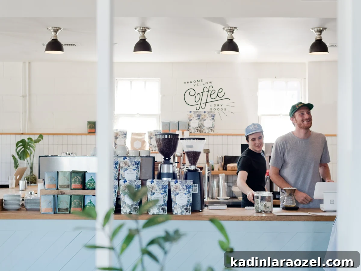 interior of Chrome Yellow coffee shop in Atlanta, with blue tile bar and wood countertops