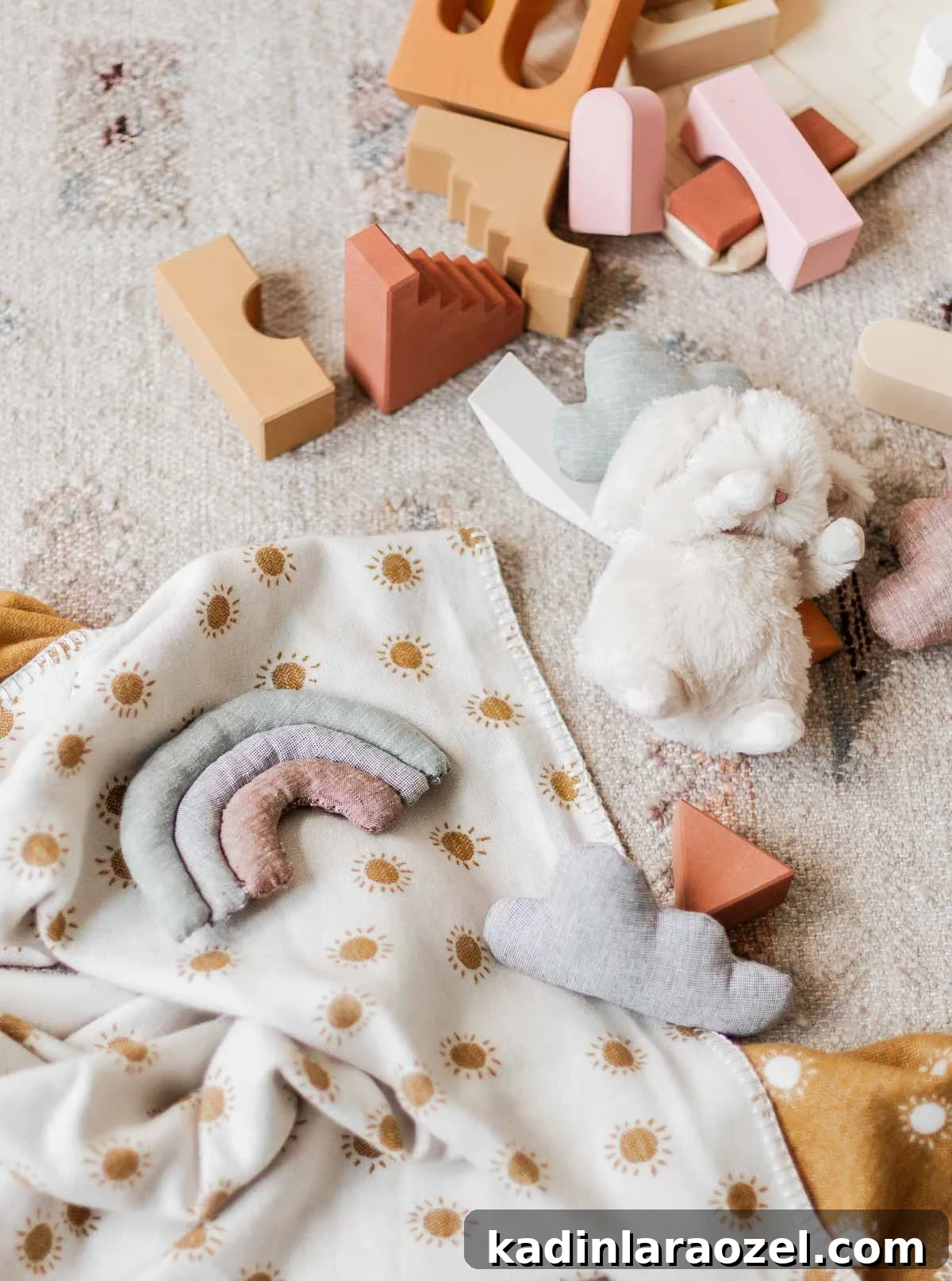 Make Adorable Plush Toys for Kids: Step-by-Step Sewing Guide 2 close-up of kids room floor with toys and stuffed animals in neutral colors