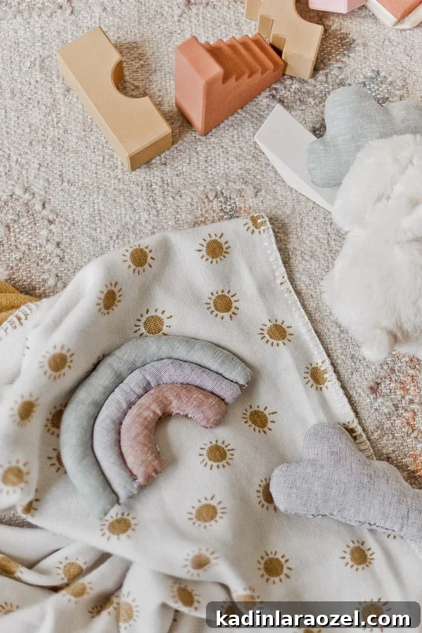 Make Adorable Plush Toys for Kids: Step-by-Step Sewing Guide 11 Rainbow and cloud plush toys on a blanket in a neutral, modern kids room.