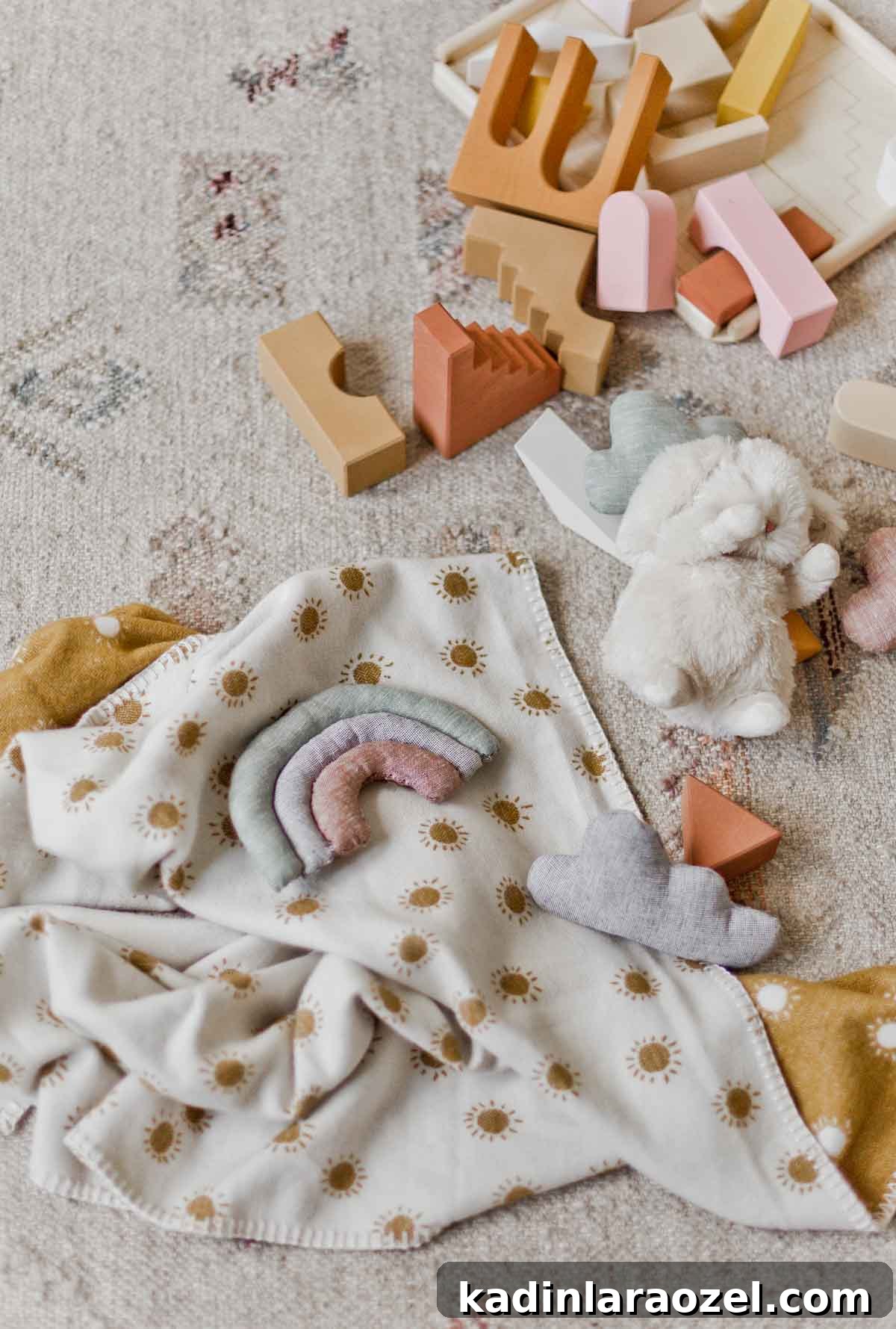 Make Adorable Plush Toys for Kids: Step-by-Step Sewing Guide 13 children's neutral toys laid out on rug on floor