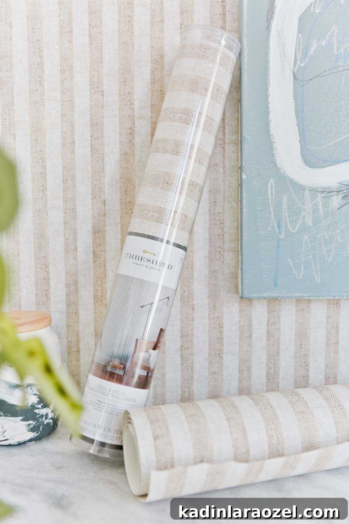 From Farmhouse Drab to Modern Chic: Transforming an Awkward Landing for Under $450 4 Peel and stick removable wallpaper from Threshold for my landing area makeover.