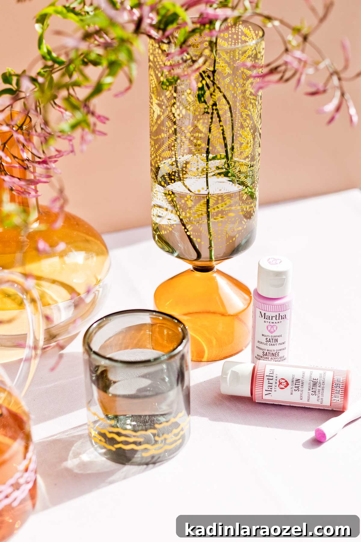 Color blocked glass vases with painted stencil designs