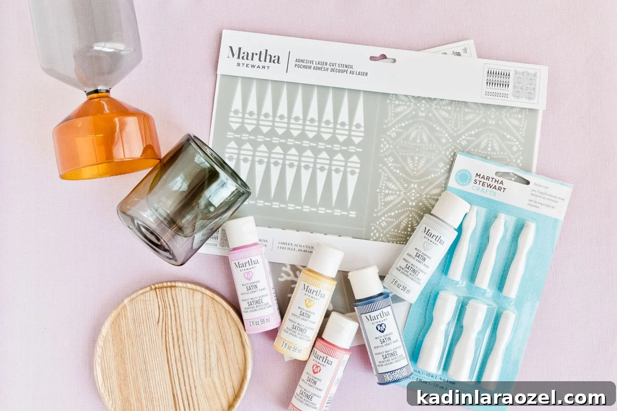 Materials needed for stenciled glass vases project