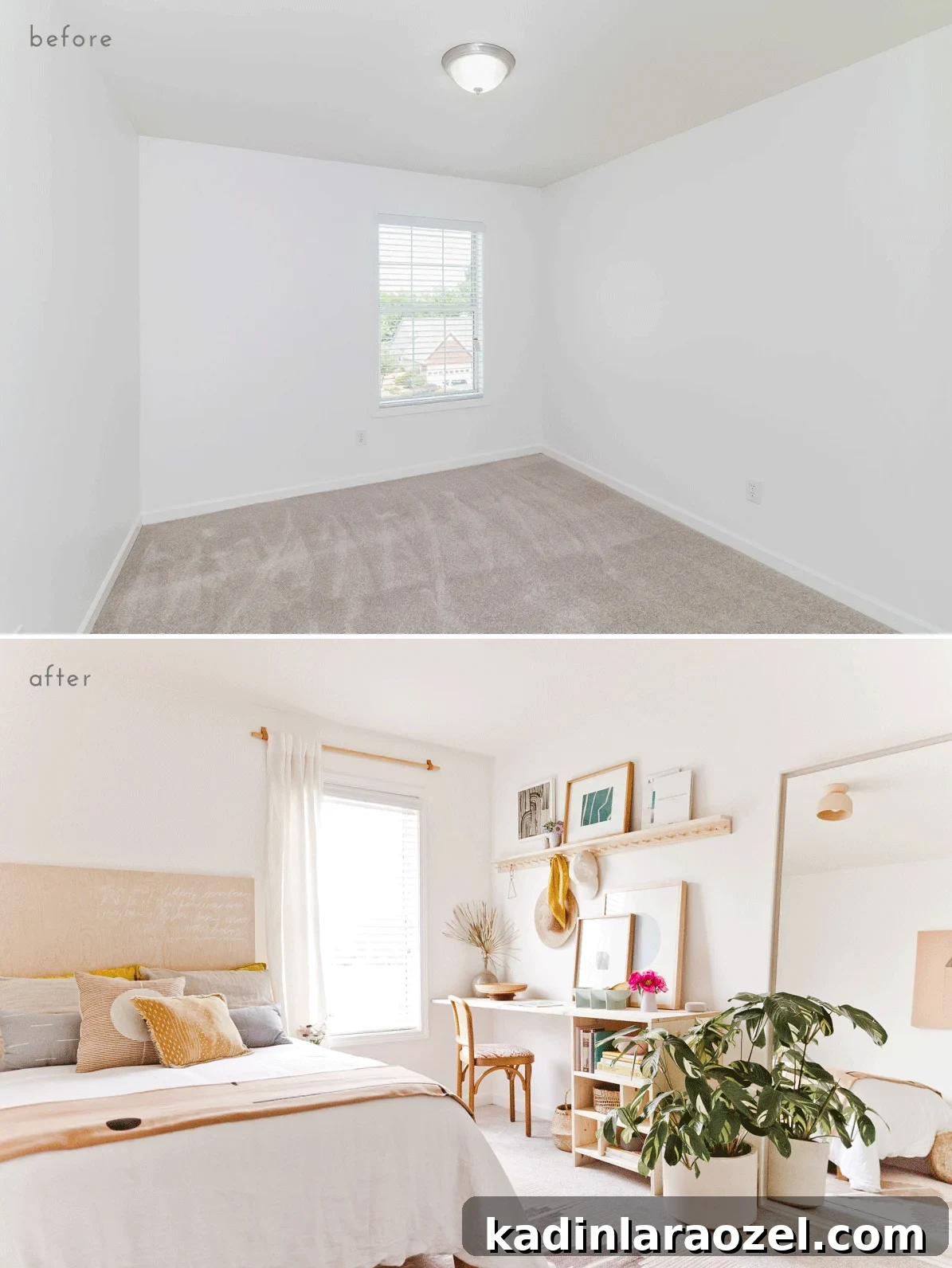 Before and after side by side of guest bedroom room makeover for renters