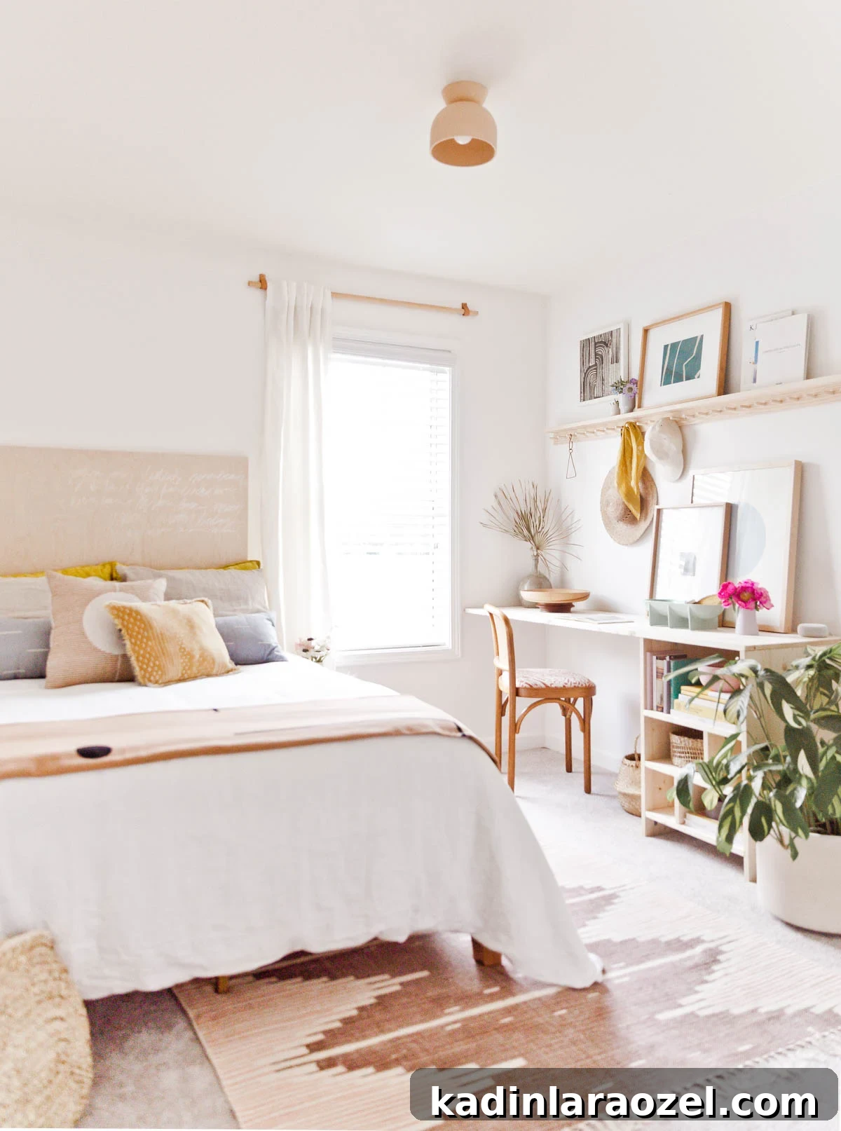 Guest bedroom with minimal, earthy style and a built in wood desk with storage