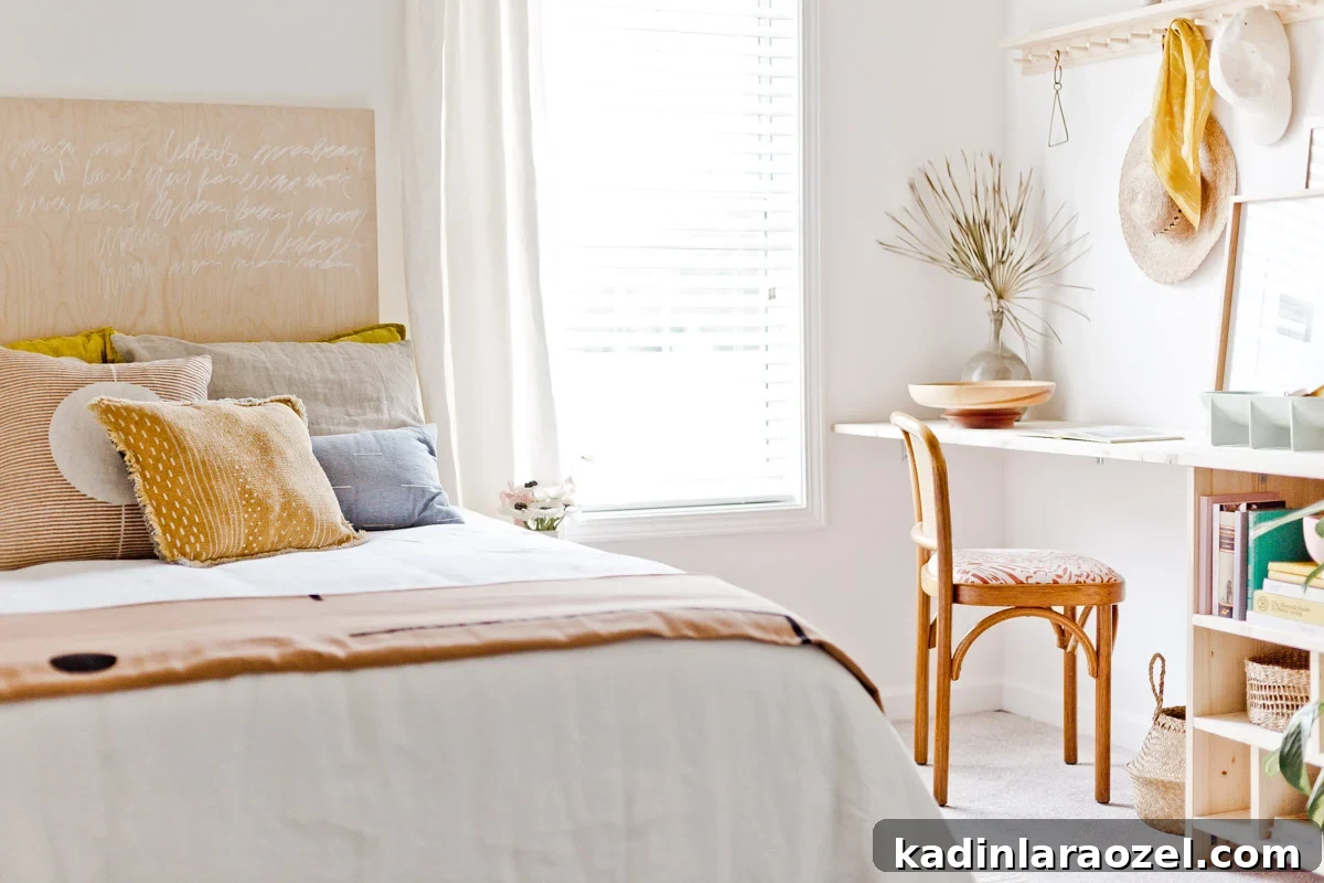 Bedroom with white bedding and neutral pillows