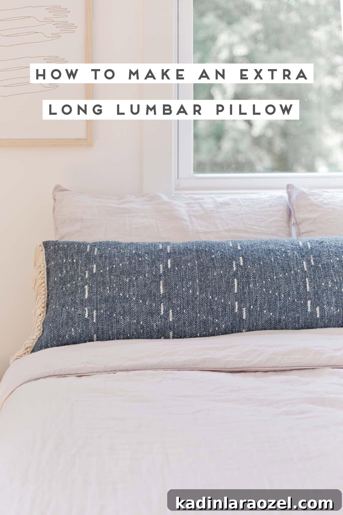 How to Sew an Extra-Long Lumbar Pillow for Sofa and Bed 2 Extra long lumbar pillow in neutral bedroom, with linen bedding.