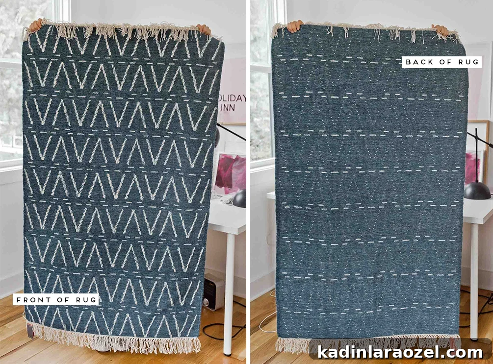How to Sew an Extra-Long Lumbar Pillow for Sofa and Bed 3 Blue rug being held up to show both sides, which will become a lumbar pillow.