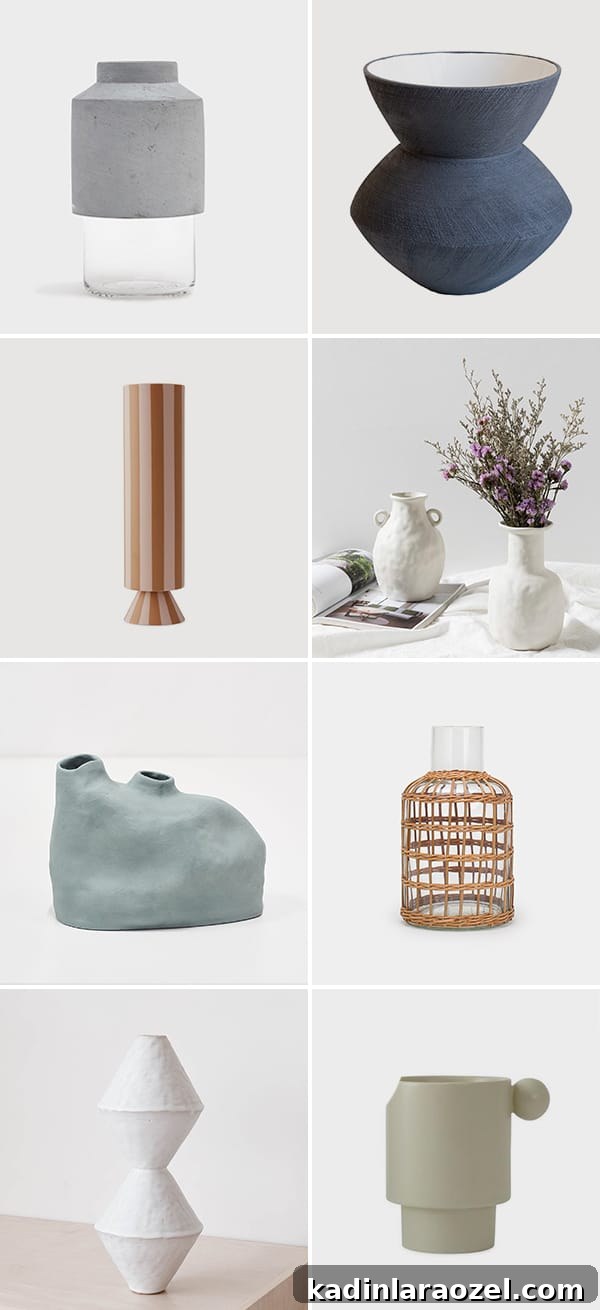 Images of different modern vases, in neutral colors and different sizes.